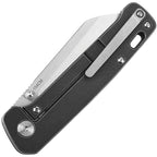 QSP Penguin Linerlock Ti Black folding knife with satin blade and black titanium handle, angled view.
