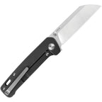 QSP Penguin Linerlock Ti folding knife with satin blade and black handle, angled view.