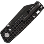 QSP Penguin Framelock black fragmented titanium handle with black coated blade, angled view.