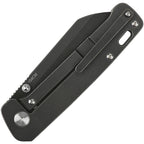QSP Penguin Linerlock Ti Black folding knife with black titanium handle, shown open at angle.