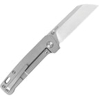 QSP Penguin Linerlock titanium folding knife with satin blade and gray handle, open position.
