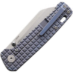QSP Penguin framelock with satin blade and blue titanium handle, displayed at angle.