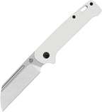QSP Penguin slip joint knife with satin blade and white G10 handle, displayed open at angle.