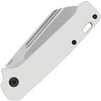 QSP Penguin slip joint knife with satin blade and white G10 handle, angled view.