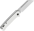 QSP Penguin slip joint knife with satin blade and white G10 handle, angled view.