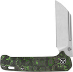QSP Penguin slip joint knife with satin blade and jungle camo carbon fiber handle displayed open.