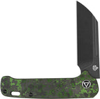 QSP Penguin slip joint knife with black blade and jungle camo carbon fiber handle.