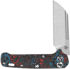 QSP Penguin Slip Joint Nebula CF with satin blade and red blue black patterned handle.