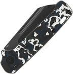 QSP Penguin slip joint knife with black stonewashed handle and satin blade, angled view.