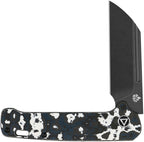 QSP Penguin slip joint knife with stonewashed black and white handle, black blade, shown open at angle.
