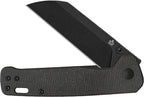 QSP Penguin V2 linerlock folding knife with black coated blade and brown textured handle, open position.