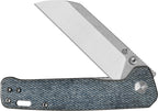 QSP Penguin V2 Linerlock with satin blade and denim handle, open position.
