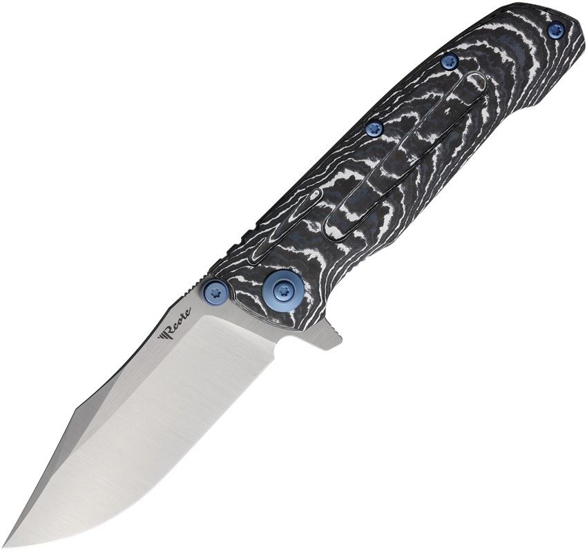REA227: Reate Knives 9DV2 framelock, White Storm carbon fiber and gray titanium handle, 3.5" satin CPM-154 clip point blade
