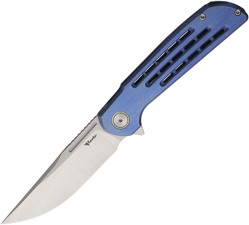 REA249: Reate Knives Remedy framelock, blue titanium handle, 3.75" satin Elmax drop point blade