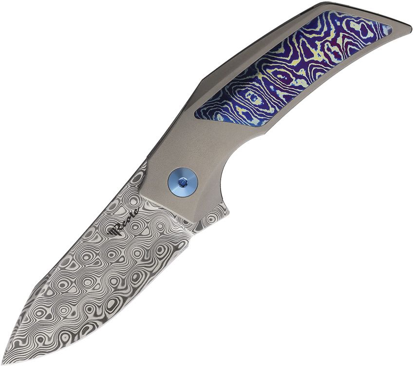 REA259: Reate Knives T2500 framelock, open, titanium handle, 2.38" Damasteel blade