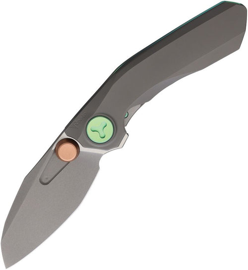 REA261: Reate Knives VK-FROK framelock, dark gray bead blast titanium handle, 3.25" stonewash Elmax sheepsfoot blade