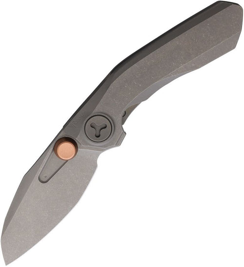 REA262: Reate Knives VK-FROK framelock, dark stonewash titanium handle, 3.25" stonewash Elmax sheepsfoot blade