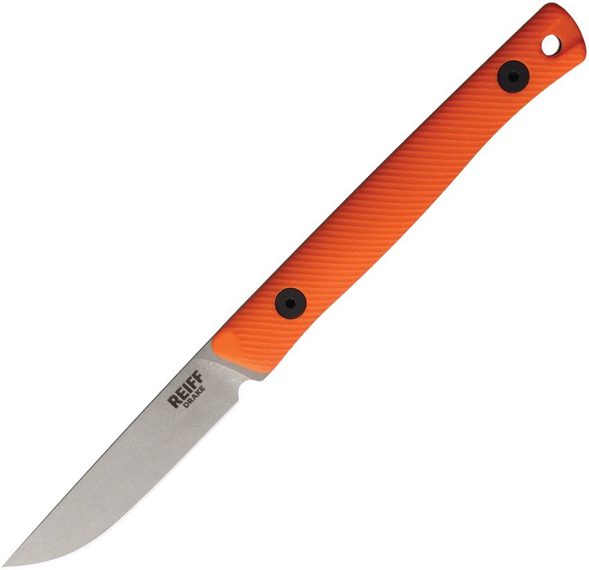 REKDK319ORGBLKA: Reiff Knives Drake Bird & Trout fixed blade, orange G10 handle, 2.79" stonewash MagnaCut blade