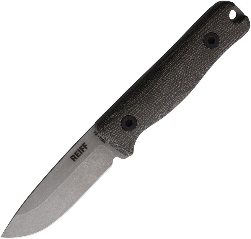 REKF3119GCMBLKA: Reiff Knives F3 EDC fixed blade, green canvas micarta handle, 2.9" stonewash MagnaCut saber ground blade