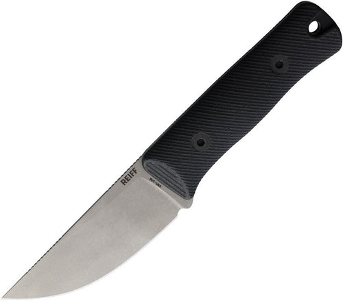 Reiff Knives Rut fixed blade knife with stonewash MagnaCut drop point blade and black canvas micarta handle (REKRU319BCMBLKA)