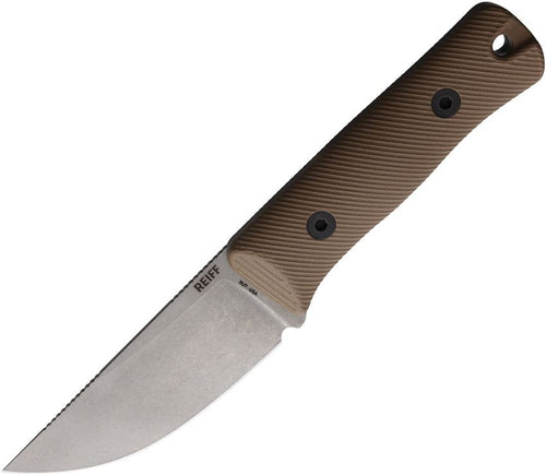 Reiff Knives Rut fixed blade knife with stonewash MagnaCut drop point blade and earth brown G10 handle (REKRU319EBGBLKA)