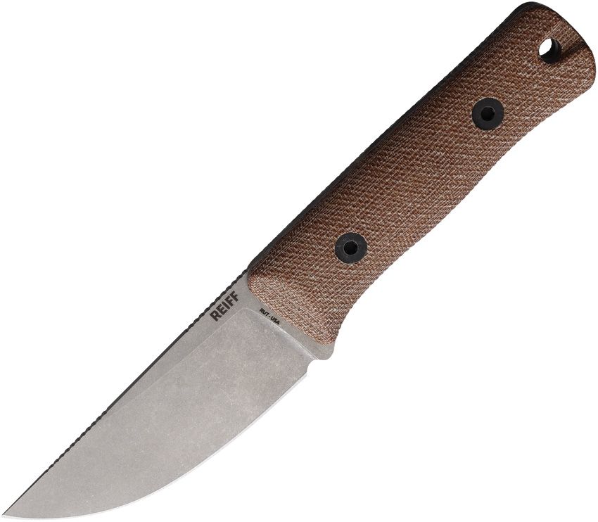 Reiff Knives Rut fixed blade knife with stonewash MagnaCut drop point blade and natural canvas micarta handle (REKRU319NCMBLKA)