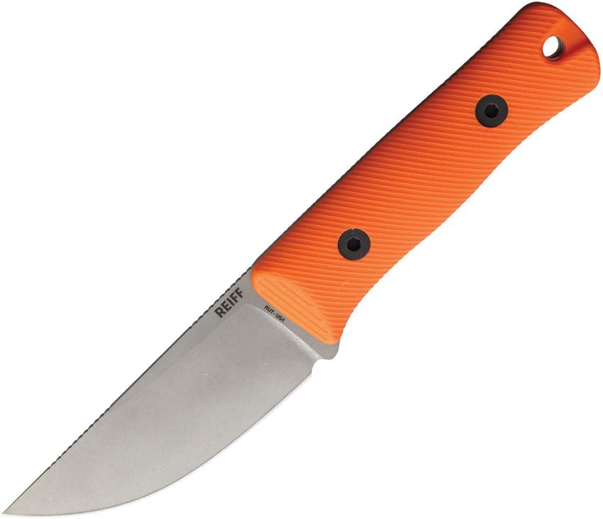 Reiff Knives Rut fixed blade knife with stonewash MagnaCut drop point blade and orange G10 handle (REKRU319ORGBLKA)