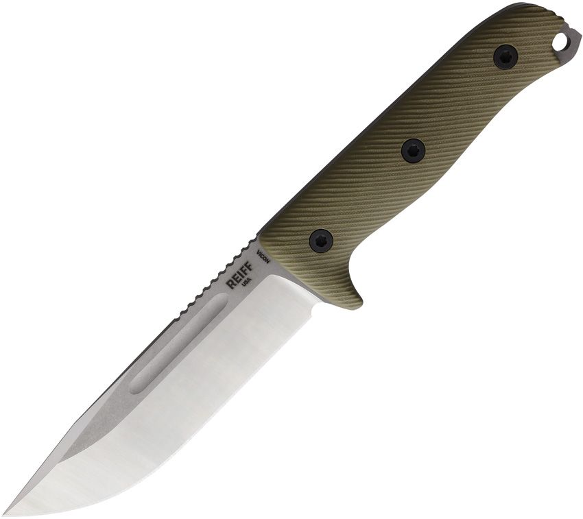 REKVN11EODGBLKA: Reiff Knives Vicon fixed blade, OD green G10 handle, 5.19" two-tone MagnaCut clip point blade