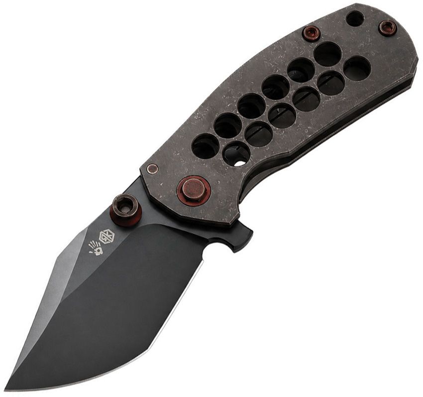 RK0200: Rike Smelter A framelock, machined-hole titanium handle, 2.5" black DLC M390 modified tanto blade