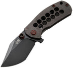 RK0200: Rike Smelter A framelock, machined-hole titanium handle, 2.5" black DLC M390 modified tanto blade