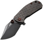 RK0201: Rike Smelter B framelock, diamond plate titanium handle, 2.5" black DLC M390 modified tanto blade