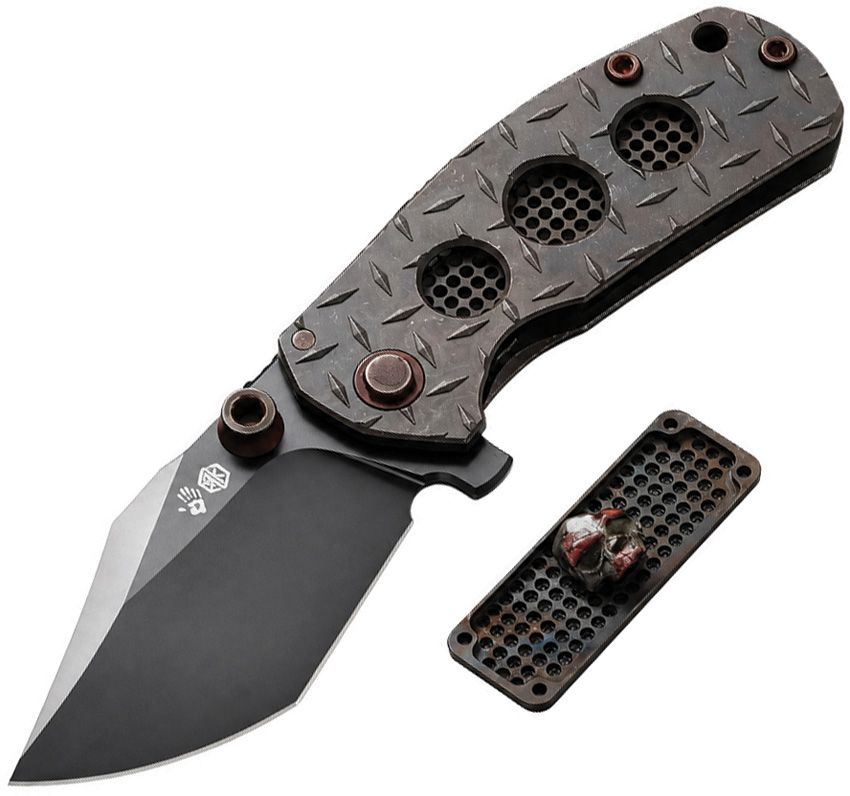 RK0202: Rike Smelter C framelock, textured titanium handle, 2.5" black DLC M390 modified tanto blade