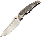 RK0203: Rike Hunter 1 linerlock, gray titanium handle with rust marbled carbon fiber inlay, 3.5" satin S90V tanto blade