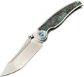 RK0204: Rike Hunter 1 linerlock, gray titanium handle with green marbled carbon fiber inlay, 3.5" satin S90V tanto blade