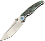 RK0204: Rike Hunter 1 linerlock, gray titanium handle with green marbled carbon fiber inlay, 3.5" satin S90V tanto blade