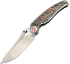 RK0205: Rike Hunter 1 linerlock, dark gray titanium handle with rust marbled carbon fiber inlay, 3.5" satin S90V tanto blade