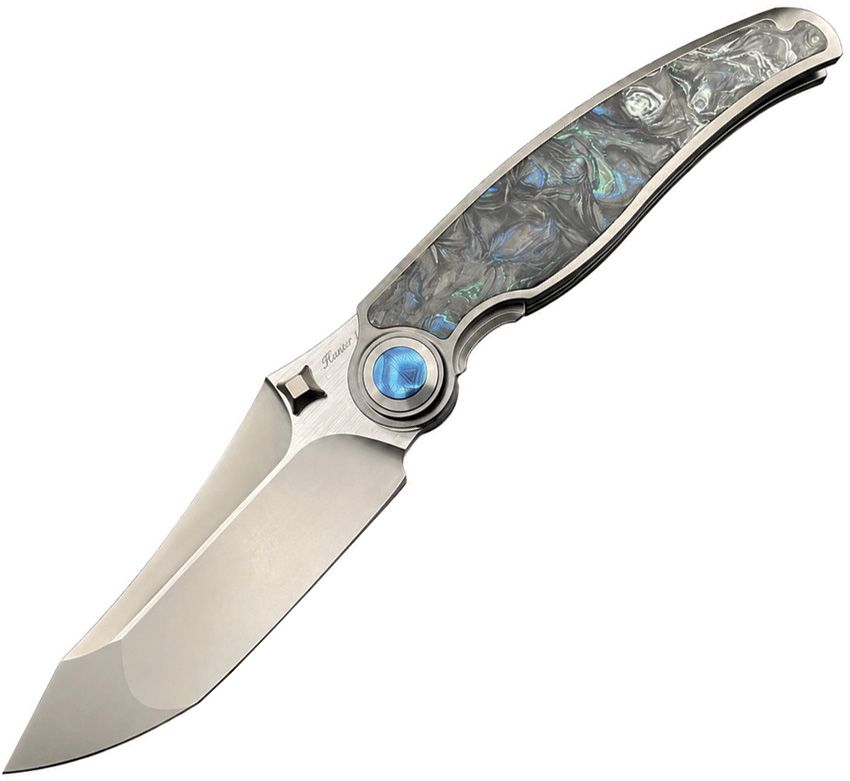 RK0206: Rike Hunter 1 linerlock, dark gray titanium handle with green marbled carbon fiber inlay, 3.5" satin S90V tanto blade