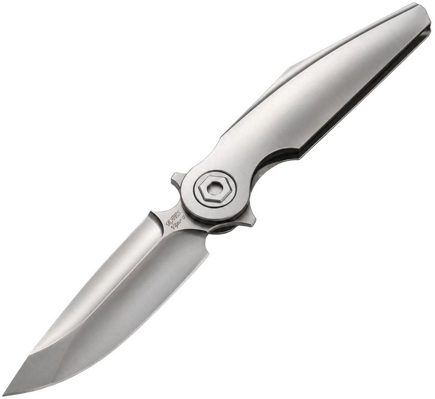 RK0207: Rike Viper 3 framelock, gray titanium handle, 3.38" satin M398 spear point blade