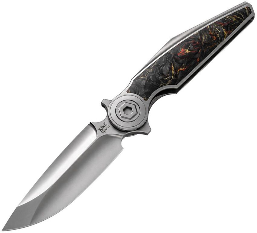 RK0209: Rike Viper 3 V2 framelock, orange marble carbon fiber handle, 3.38" satin M398 spear point blade