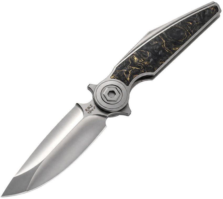 RK0211: Rike Viper 3 V2 framelock, gold marble carbon fiber handle, 3.38" satin M398 spear point blade