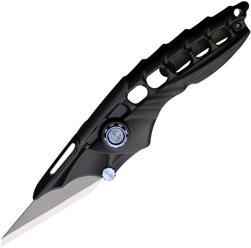 RKALIEN1B: Rike ALIEN1 framelock, black titanium handle with blue accents, 2.5" stonewash M390 blade