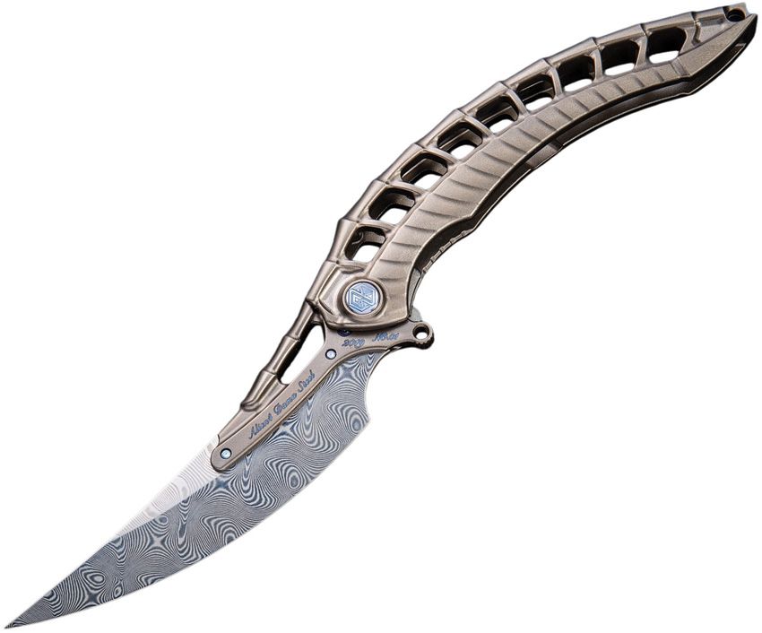 RKALIEN4DGPTB: Rike Alien 4 framelock, dark gray skeletonized titanium handle, 4" blue-tinted Damasteel curved blade