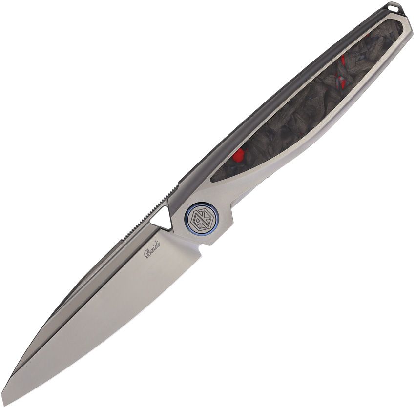RKBAIDISRCF: Rike Baidi-S linerlock, gray titanium handle with red carbon fiber inlay, 3.25" bead blast M390 sheepsfoot blade
