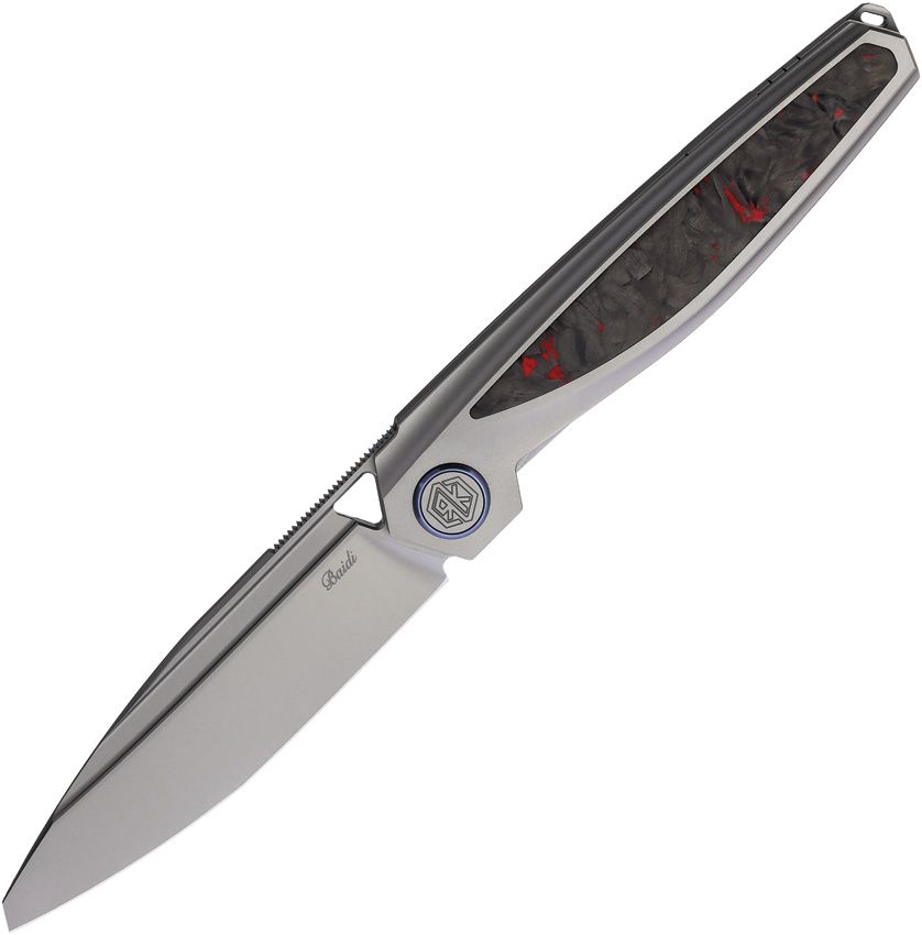 RKBAIDITRCF: Rike Baidi-T linerlock, gray titanium handle with red carbon fiber inlay, 3.25" bead blast M390 tanto blade