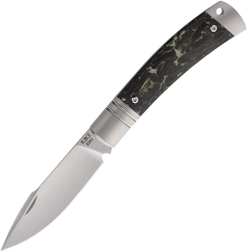 RKKD01GRNCF: Rike slip joint, green carbon fiber handle, 3" satin M390 blade