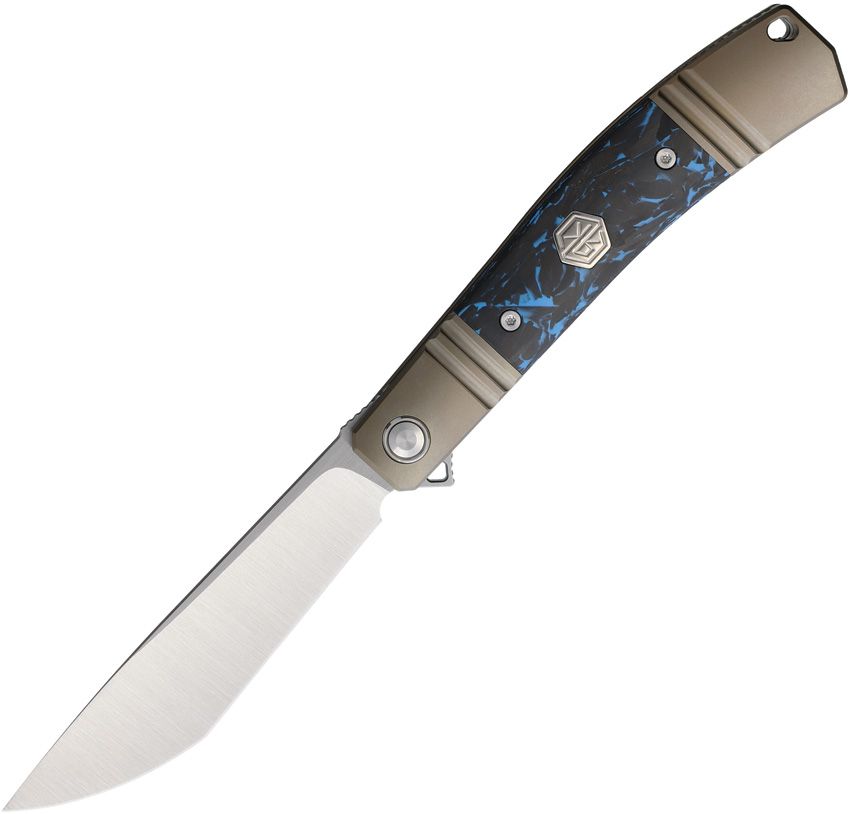 RKKD02BBCF: Rike KD02 framelock, bronze titanium handle with black and blue carbon fiber inlay, 3.25" satin M390 blade