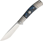RKKD02PBCF: Rike KD02 framelock, gray titanium handle with black and blue carbon fiber inlay, 3.25" satin M390 blade