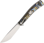 RKKD04E: Rike KD04 framelock, engraved gray titanium handle, 3.25" satin M390 modified tanto blade