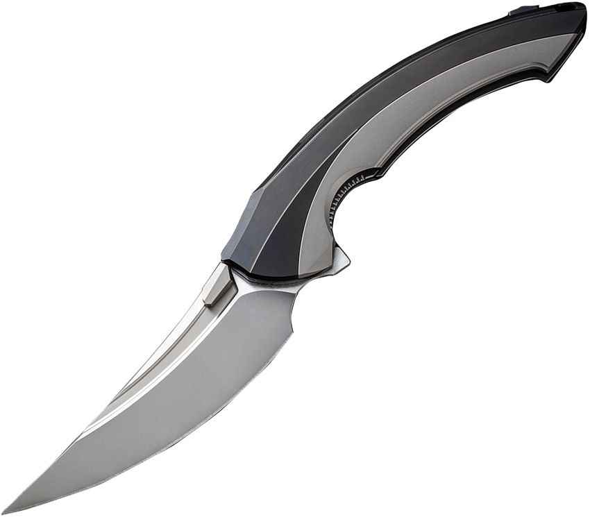 RKLAMELLABDP: Rike Lamella linerlock, black DLC and gray titanium handle, 4" satin M390 blade