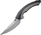 RKLAMELLABDP: Rike Lamella linerlock, black DLC and gray titanium handle, 4" satin M390 blade